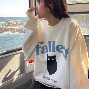 郑彩妍同款 Fallett韩国设计师品牌 可爱小黑猫印花宽松卫衣