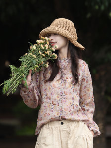 原创设计女装木耳边领短款衬衣春夏季新款小众设计苎麻文艺衬衫