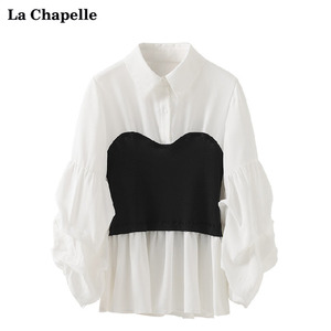 拉夏贝尔/La Chapelle复古黑白拼接抹胸白色衬衫女春褶皱长袖衬衣