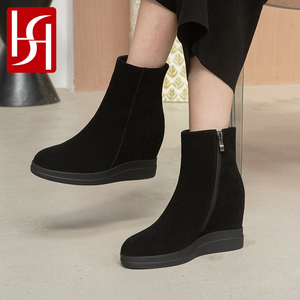 SH黑色坡跟短靴真皮绒面厚底内增高时装靴高跟秋冬磨砂女靴子C515
