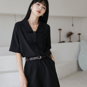 黑色短袖衬衫女通勤法式衬衣双层领纯色复古港风宽松职业工衣夏季