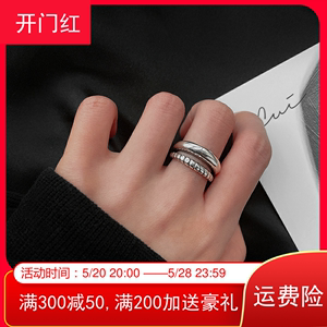 双层戒指◆925纯银开口可调节韩版指环 个性复古做旧中指食指女