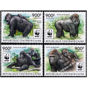 中非邮票2015WWF动物大猩猩成套4全新