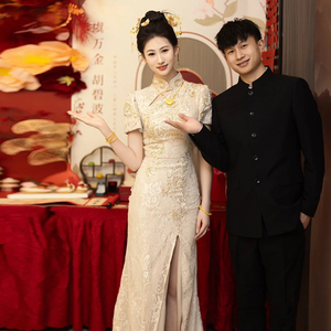 新中式婚纱礼服2024夏季新款香槟色高级感新娘复古回门晨袍敬酒服