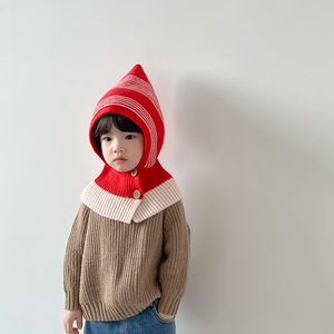 儿童帽子围巾一体帽秋冬韩版百搭针织护耳帽红色洋气宝宝披肩帽潮