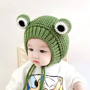 0-3岁婴幼儿帽子秋冬季加绒加厚宝宝青蛙儿童毛线帽针织保暖超萌