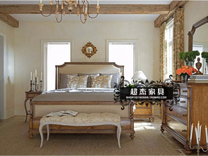 法式乡村实木方床 外贸做旧美式双人床 卧室仿古家具婚床定制