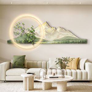日照金山客厅装饰画小清新现代绿色沙发背景墙挂画创意壁灯床头画