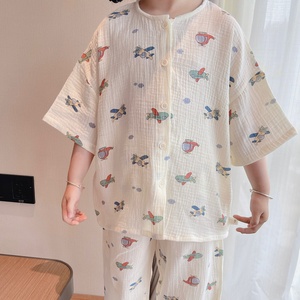 韩国儿童夏季五分袖长裤家居服套装纱布棉男童短袖睡衣女童空调服