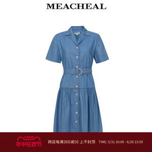 MEACHEAL米茜尔女装2022夏季新款复古工装裙丹宁蓝牛仔衬衫连衣裙