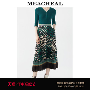 MEACHEAL米茜尔夏季新款时尚复古绿千鸟格压褶半裙