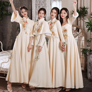 中式旗袍伴娘服冬季长袖2024新款姐妹团礼服女香槟色高级感小个子