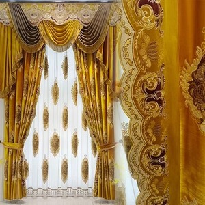 定制宫廷风奢华大气复古欧式加厚金黄色丝绒刺绣高端客厅窗帘布