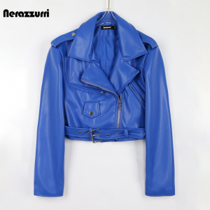 nerazzurri蓝色pu皮夹克女短款拉链长袖小皮衣外套女2022年新款