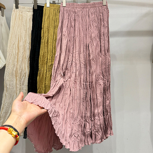 韩版粉色设计感褶皱松紧腰半身裙女夏季2024新款高腰显瘦a字长裙