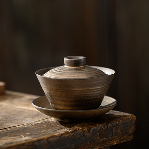 复古日式大号盖碗茶杯单个泡茶碗铁锈釉三才碗手工陶瓷茶具敬茶碗