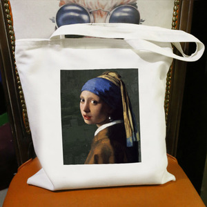 世界名画印花帆布带蒙娜丽莎带珍珠耳坏的少女原创定制手提装书包