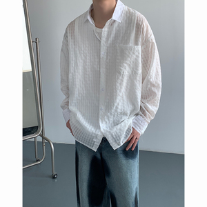 白色短袖衬衫男夏季新款韩版泡泡格子设计感宽松潮流翻领半袖外套