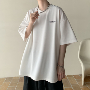 白色t恤短袖男夏季新款菠萝格小标简约设计感宽松大码圆领五分袖