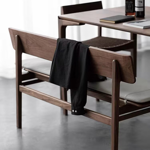北美黑胡桃木餐厅餐椅日式靠背一体长条凳家用实木长椅休闲椅靠椅