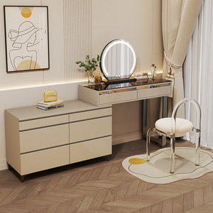 2024新款奶油风梳妆台卧室现代简约实木免漆化妆柜书桌一体高级感