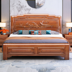 全实木床1.8米金花梨木中式雕花纯实木双人床卧室仿古原木床家具