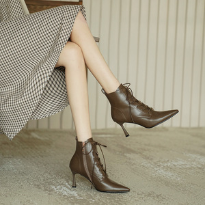 短靴女秋冬单靴尖头系带棕色高跟鞋软皮羊皮靴子马丁靴法式小踝靴