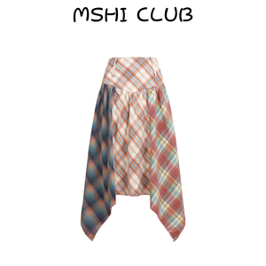 MSHI CLUB春夏美式设计感撞色拼接格纹高腰显瘦中长款格子半身裙