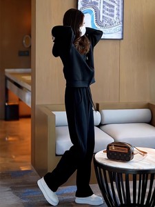 欧洲站黑色卫衣套装女2024冬季新款春秋休闲时尚大码两件套运动服