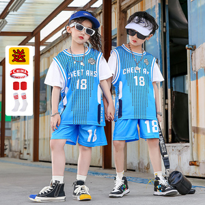 儿童篮球服假两件套装男童夏季女大童中童训练服女孩18号蓝色球衣
