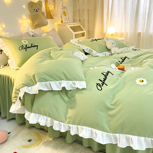 韩式水洗棉床上四件套少女心公主风床裙笠小清新绿色被套床单床笠