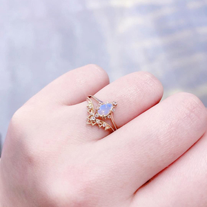 日系轻奢戒指nojess 皇冠蕾丝设计款蓝砂石蛋白石925银二合一套戒