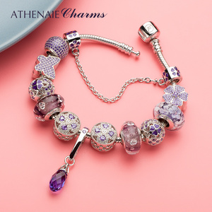 ATHENAIE浪漫紫色闪亮琉璃珠樱花蝴蝶925银圆蛇手链送女友礼物