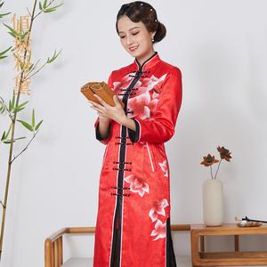 高端双排扣夹棉年轻中式款优雅中国风长款棉年轻大衣红色外搭旗袍