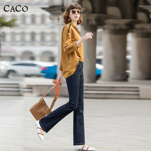 CACO牛仔裤女宽松直筒长裤修身显瘦深蓝色韩版时尚休闲断码特惠