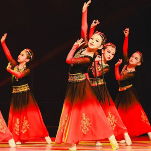 六一新疆舞蹈演出服儿童维吾族大摆裙舞蹈服女童古丽民族表演服装