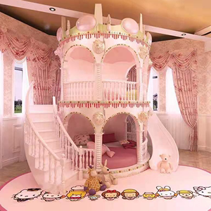 全实木公主床粉色梦幻女孩带滑梯上下双层床可定制儿童圆形城堡床