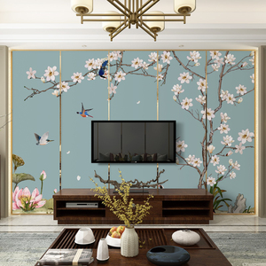 8d现代简约古色电视背景墙壁纸客厅装饰墙纸家和花鸟壁画影视墙布