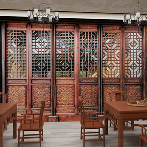新中式饭店包厢壁画镂空屏风隔断墙纸餐厅个性背景墙壁纸无缝墙布
