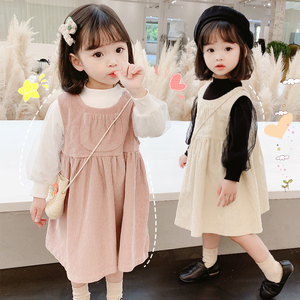 女童秋季条绒背带裙套装1-2岁女宝宝3洋气公主连衣裙两件套春秋装
