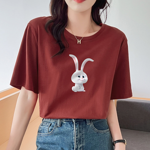 纯棉砖红色短袖t恤女夏季宽松圆领甜辣上衣设计感小众独特小衫酷