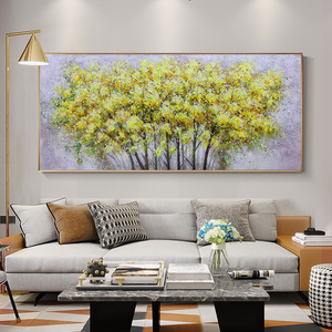 纯手绘油画客厅沙发背景墙面挂画发财树林横版抽象壁画北欧金钱树