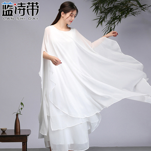 禅服中国风茶服文艺复古宽松雪纺禅舞服装禅舞服女白色仙女连衣裙
