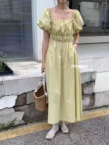韩风chic连衣裙法式方领带收腰泡泡短袖盐女裙子长裙A字裙夏季