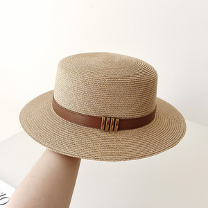 夏天复古平顶草帽子女出游度假海边平沿沙滩帽英伦遮阳礼帽显脸小