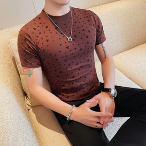 夏季时尚植绒星星印花短袖T恤男士韩版修身小中领纯色打底衫衣服