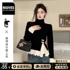 新中式假两件针织衫女春秋爆款黑色高领毛衣内搭打底衫设计感上衣