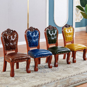 美式小椅子儿童靠背板凳成人客厅沙发茶几凳欧式实木真皮家用矮凳