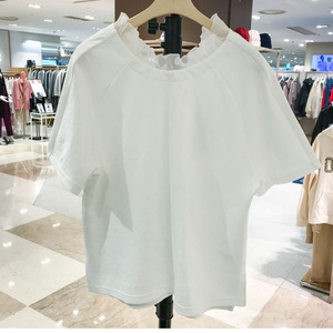 ANAM韩代夏季新款女装减龄甜美菲边装饰后V领显瘦短袖T恤上衣L978