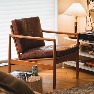 日式现代樱桃木单人实木沙发客厅整装现代简约真皮懒人沙发椅组合